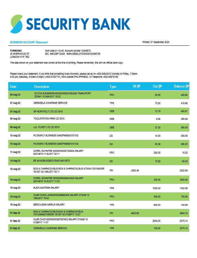 Modèle Word et PDF de relevé de compte d'entreprise de Security Bank